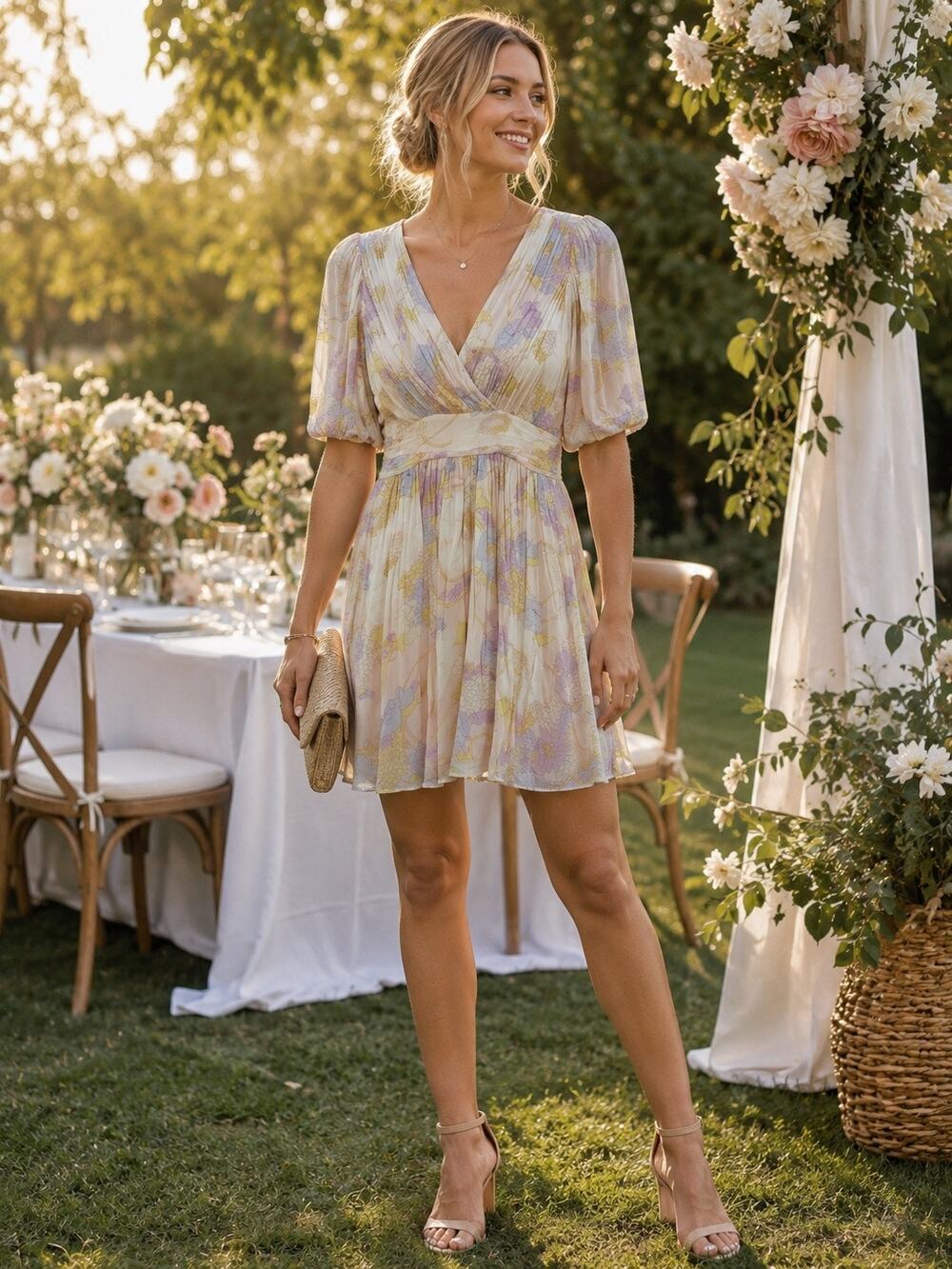 ba&sh Noam Dress Pastel Floral Short Sleeve Faux Wrap Mini Swing Dress Size M